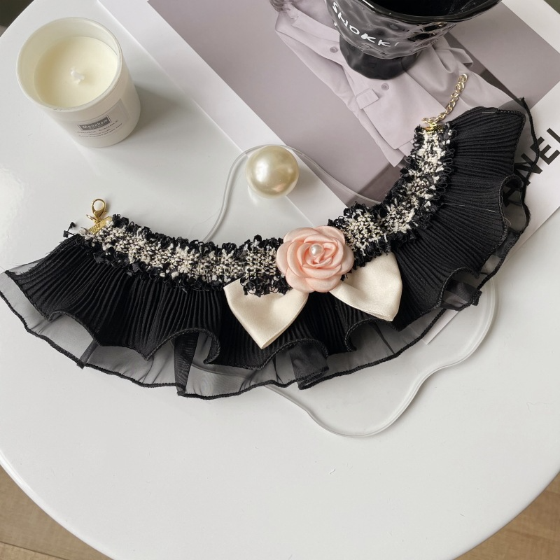 Pet Lace Bib Pearl Flower Tweed Bow