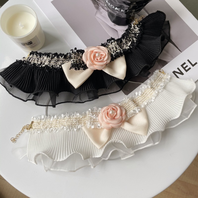 Pet Lace Bib Pearl Flower Tweed Bow