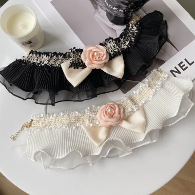 Pet Lace Bib Pearl Flower Tweed Bow 01