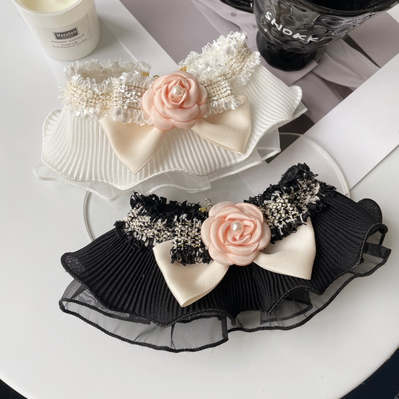Pet Lace Bib Pearl Flower Tweed Bow