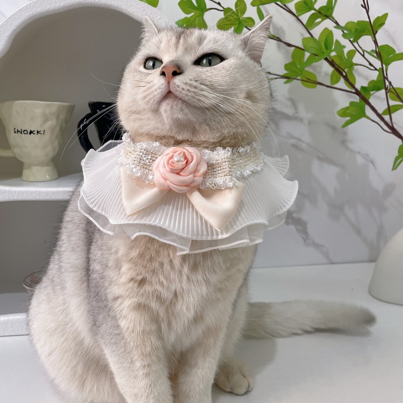 Pet Lace Bib Pearl Flower Tweed Bow