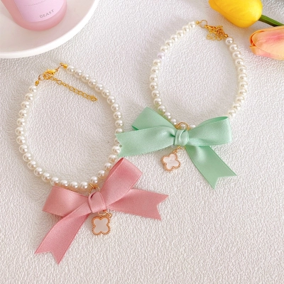 Pet Pearl Necklace Clover Bow Four Colors 02