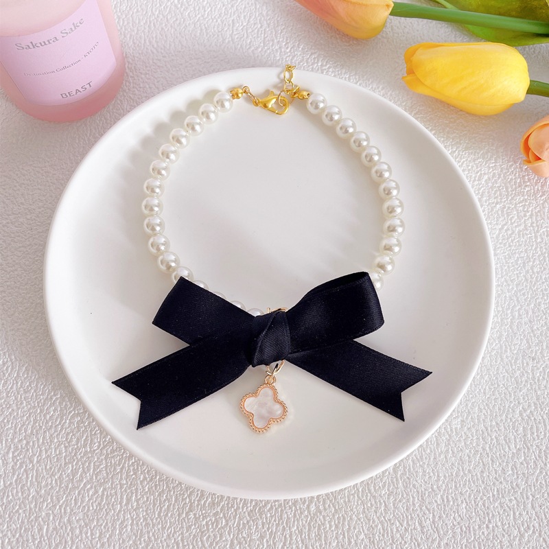 Pet Pearl Necklace Clover Bow Four Colors