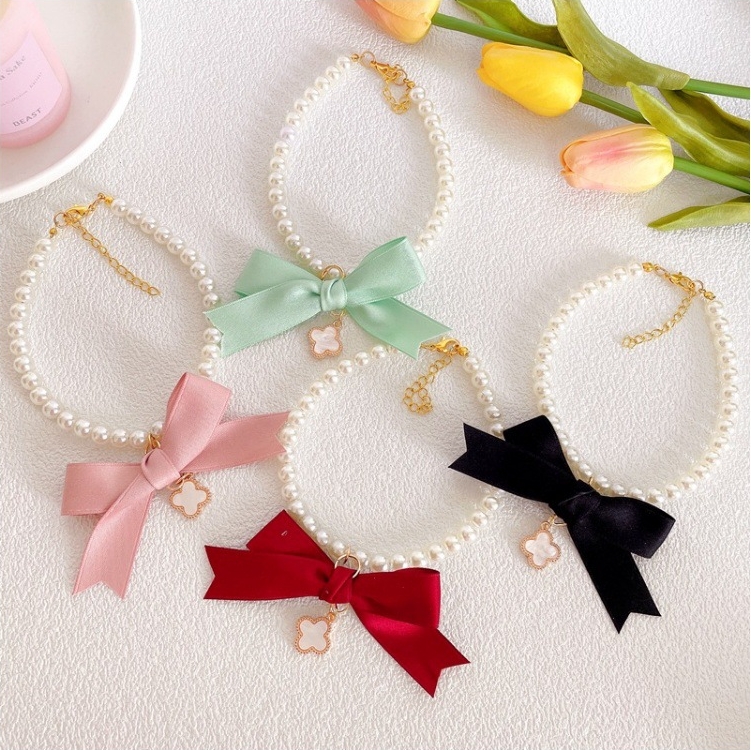 Pet Pearl Necklace Clover Bow Four Colors