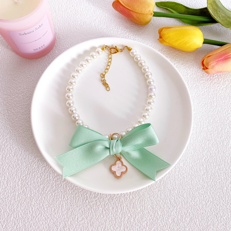 Pet Pearl Necklace Clover Bow Four Colors