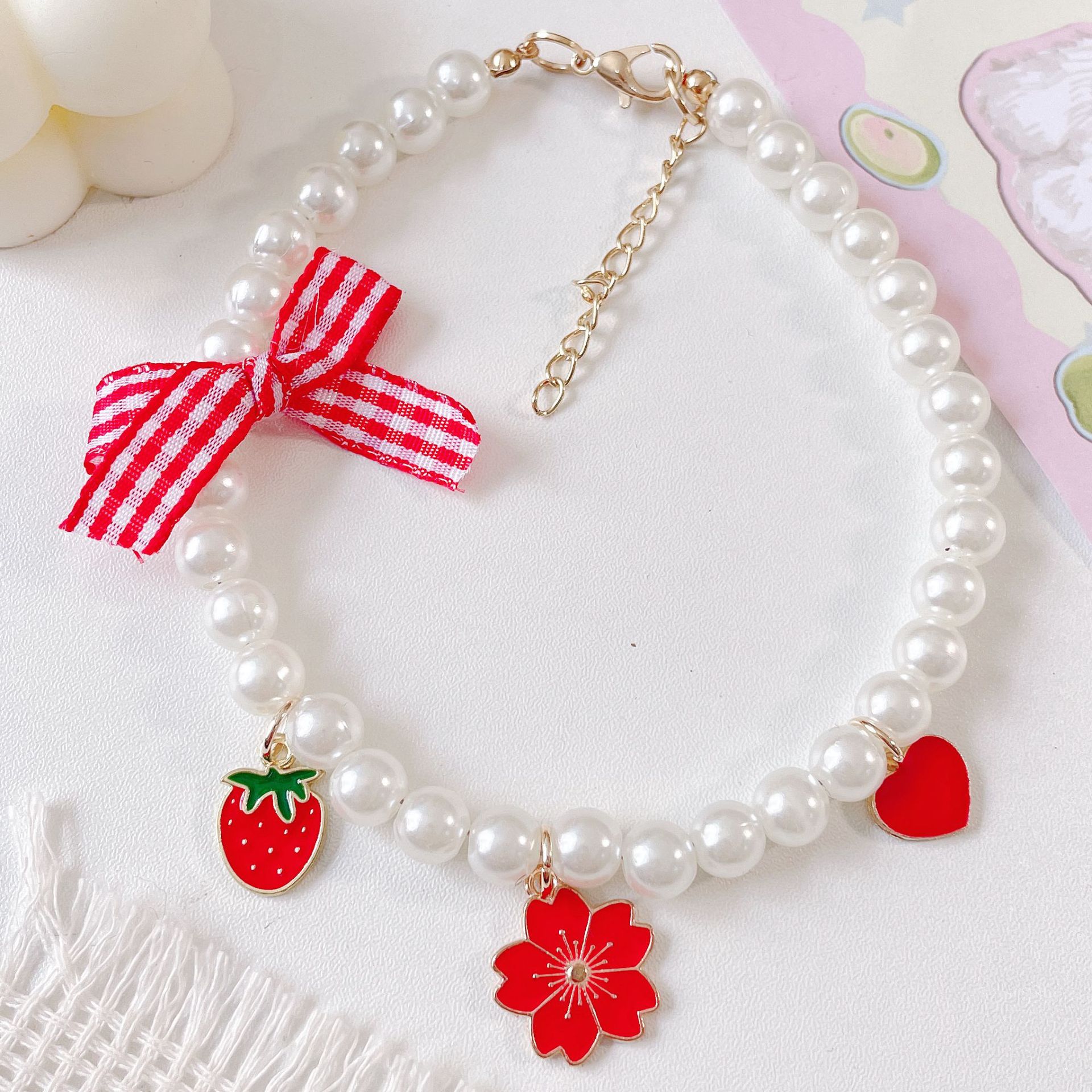 Pet Pearl Collar Bow Charm Four Designs