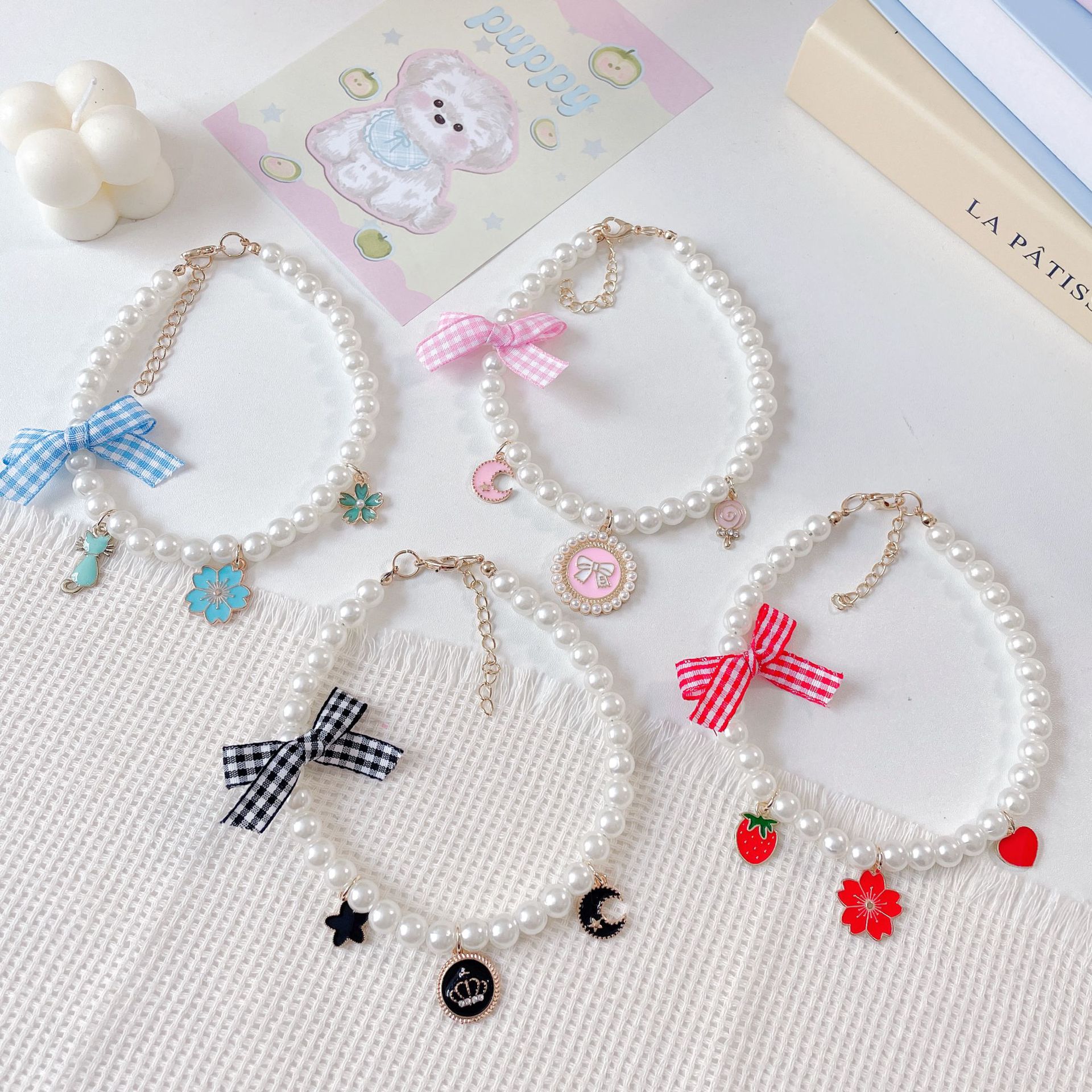 Pet Pearl Collar Bow Charm Four Designs