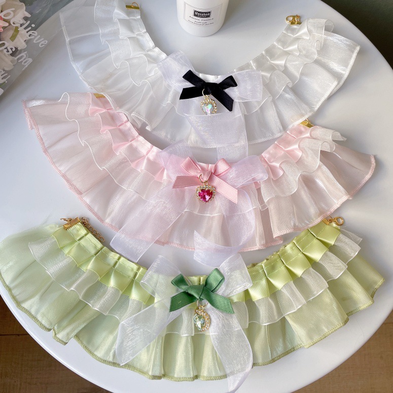 Pet Lace Bib Ruffle Trim Crystal Bow