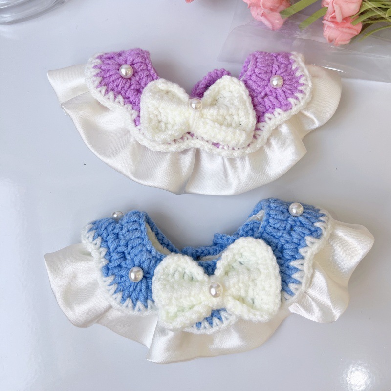 Pet Knit Collar Pearl Bow Wave Edge