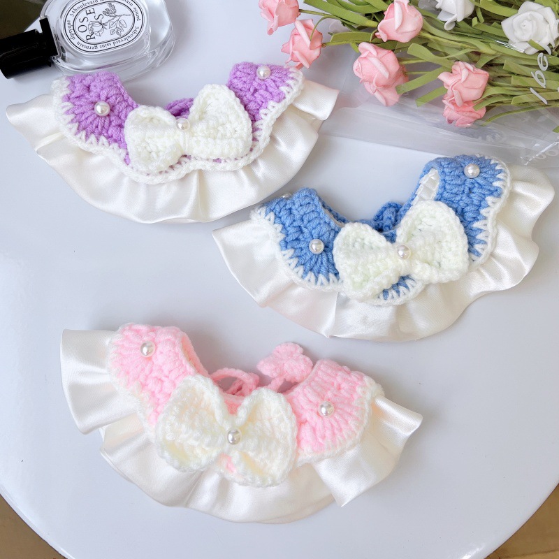 Pet Knit Collar Pearl Bow Wave Edge