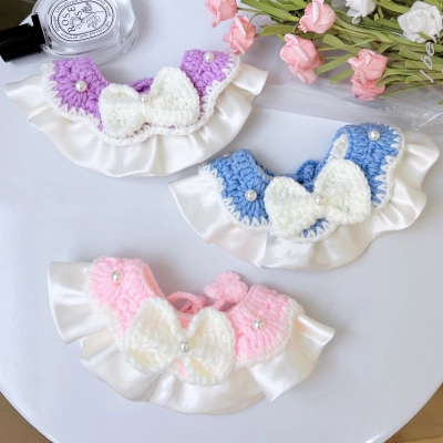 Pet Knit Collar Pearl Bow Wave Edge 01