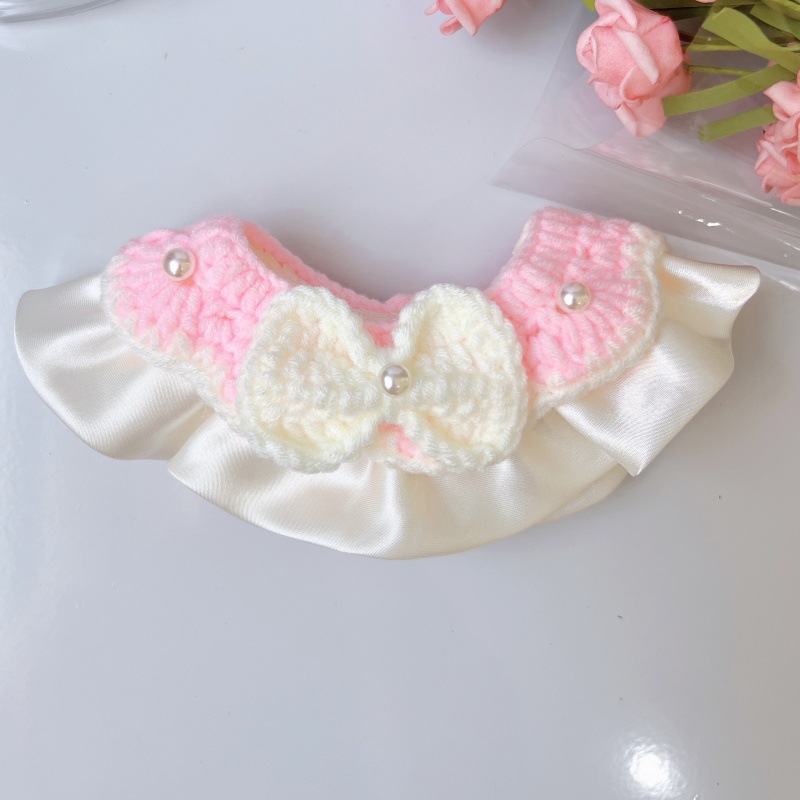 Pet Knit Collar Pearl Bow Wave Edge