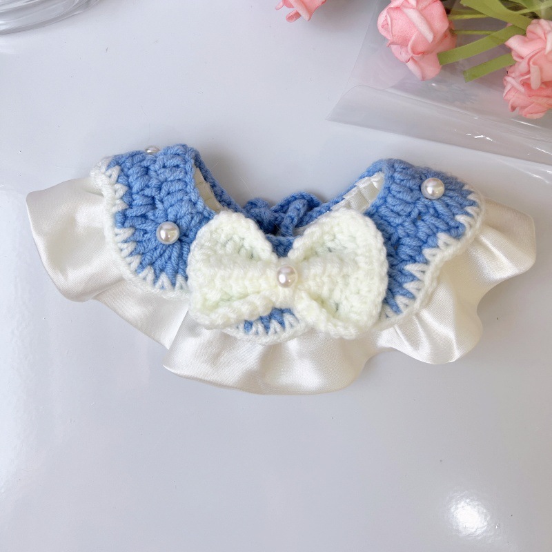 Pet Knit Collar Pearl Bow Wave Edge