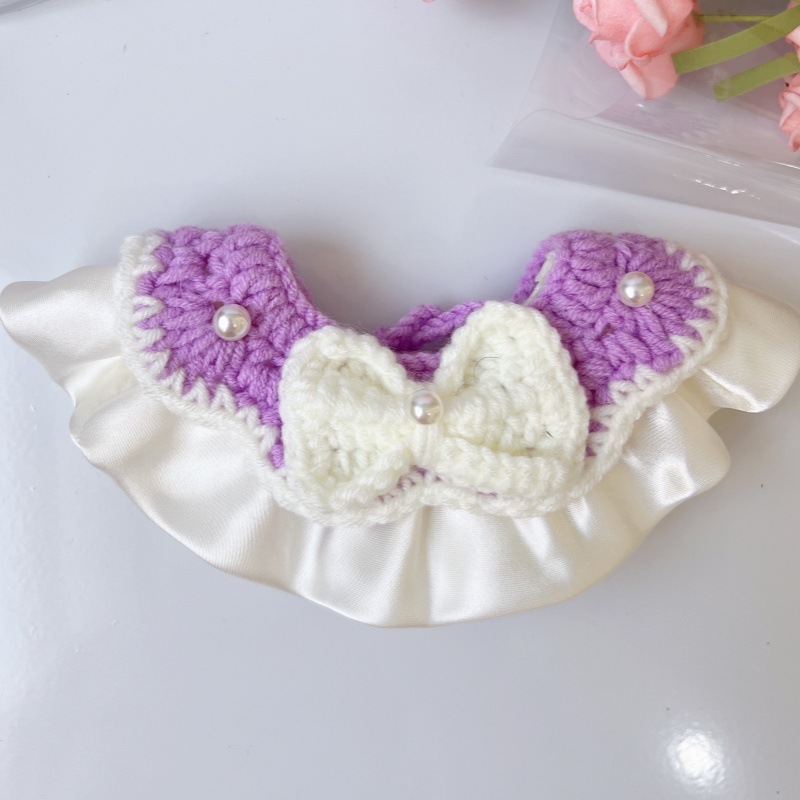 Pet Knit Collar Pearl Bow Wave Edge