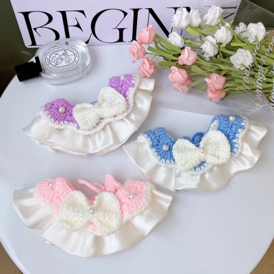 Pet Knit Collar Pearl Bow Wave Edge 02