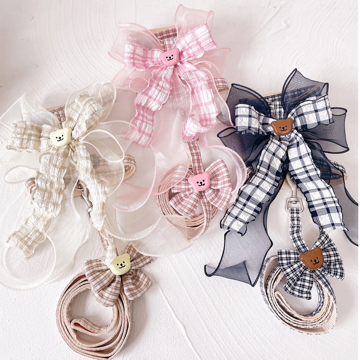 Pet Harness Leash Set Plaid Bow Design