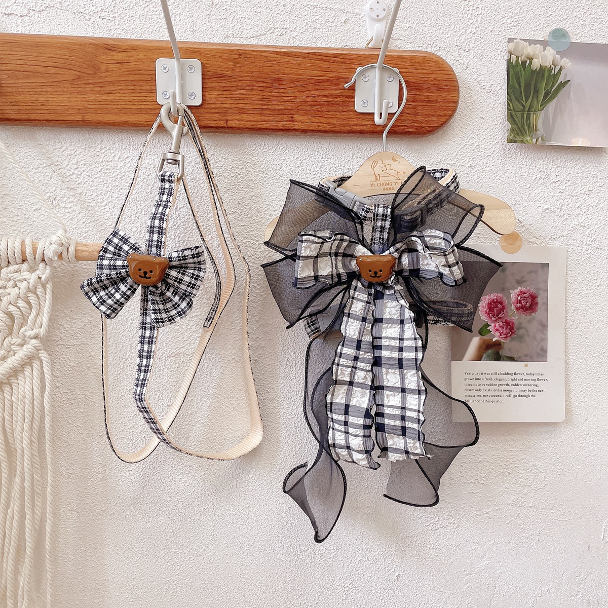 Pet Harness Leash Set Plaid Bow Design