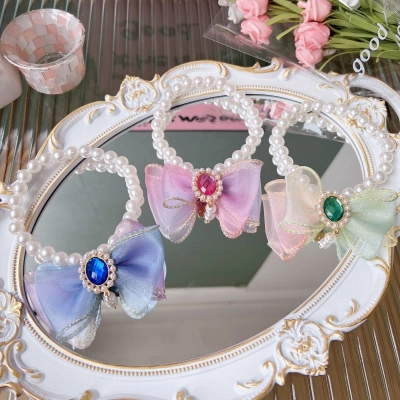 Pet Pearl Necklace Bow Charm Gemstone Accent 01