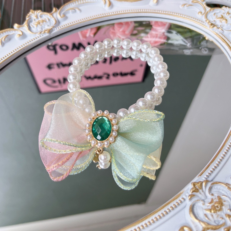 Pet Pearl Necklace Bow Charm Gemstone Accent