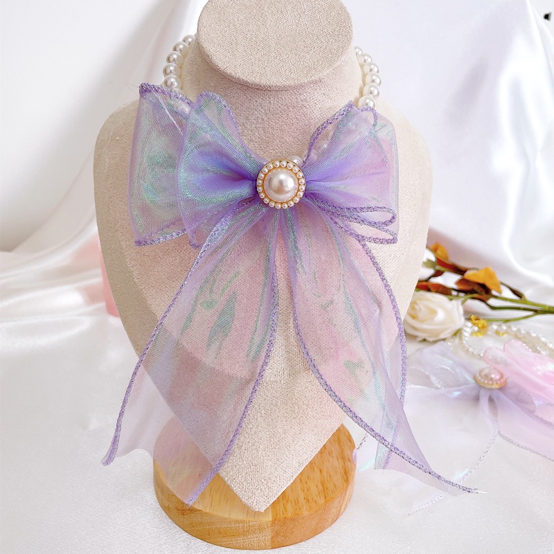 Pet Tulle Bow Pearl Necklace Gradient Color