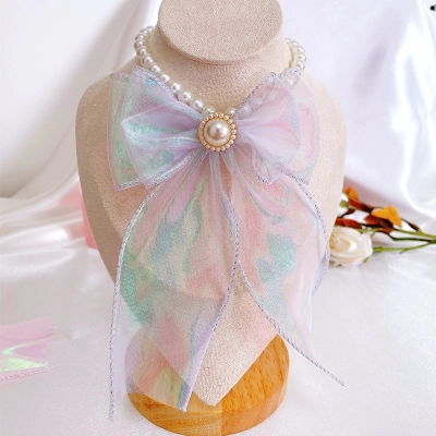 Pet Tulle Bow Pearl Necklace Gradient Color 02