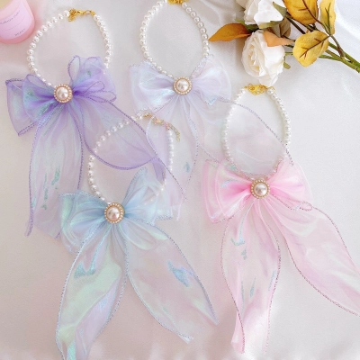 Pet Tulle Bow Pearl Necklace Gradient Color 01