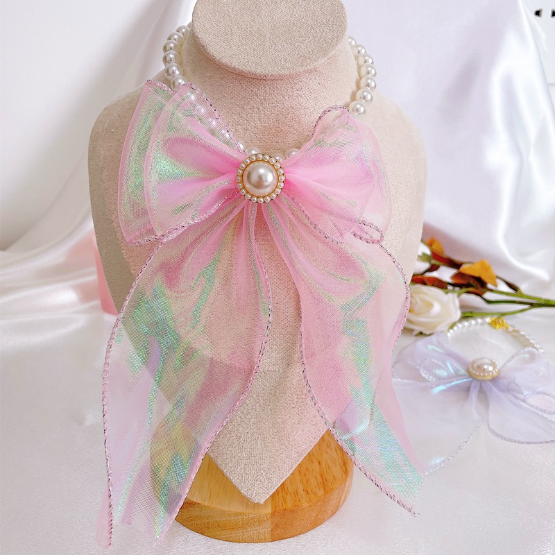 Pet Tulle Bow Pearl Necklace Gradient Color