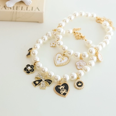 Pet Pearl Necklace Vintage Lady Bow Heart Decorations 01