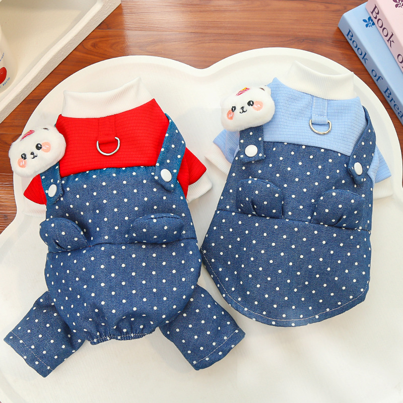 Pet Denim Overalls Set Dot Pattern Design