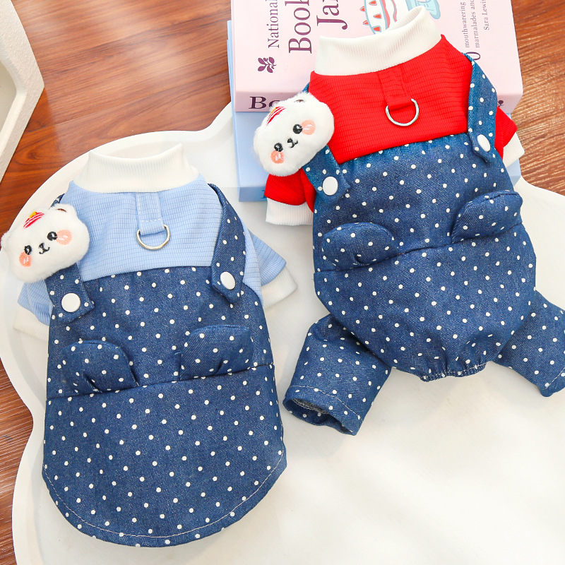 Pet Denim Overalls Set Dot Pattern Design