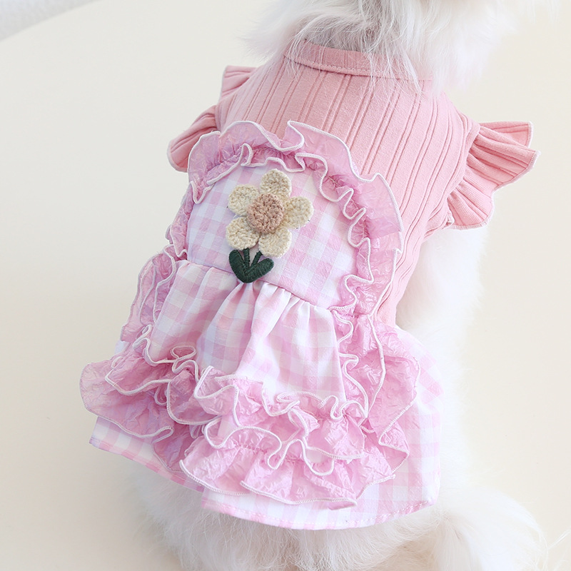 Pet Checkered Dress Lace Trim Knit Top