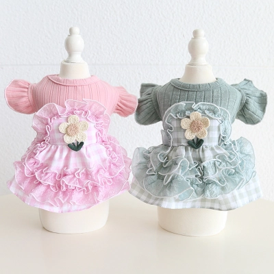 Pet Checkered Dress Lace Trim Knit Top 01