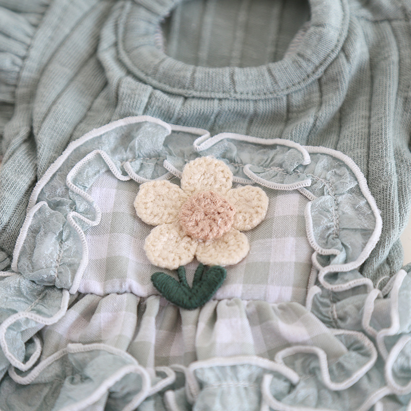 Pet Checkered Dress Lace Trim Knit Top