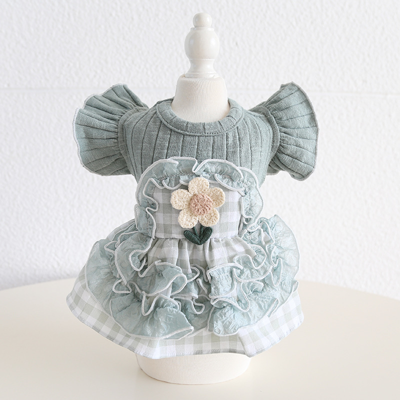 Pet Checkered Dress Lace Trim Knit Top