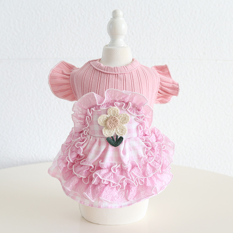 Pet Checkered Dress Lace Trim Knit Top