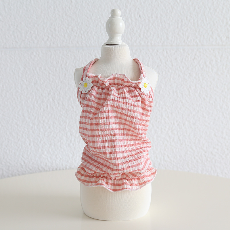 Pet Checkered Vest Daisy Flower Strap Design