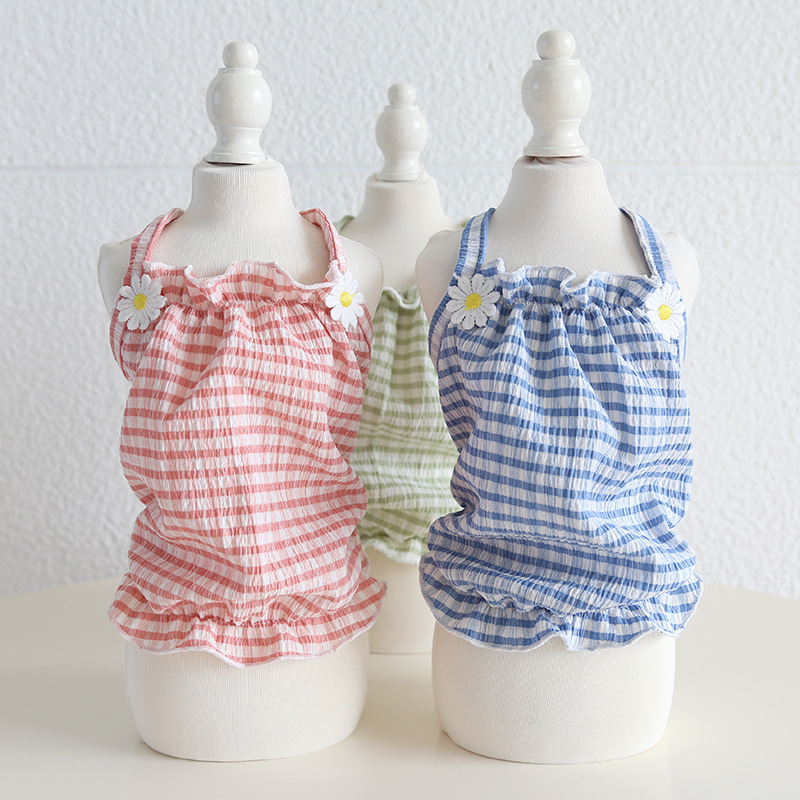 Pet Checkered Vest Daisy Flower Strap Design