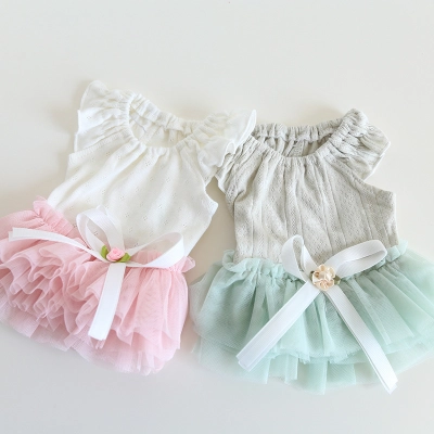 Pet Layered Dress Bow Waist Floral Detail 01