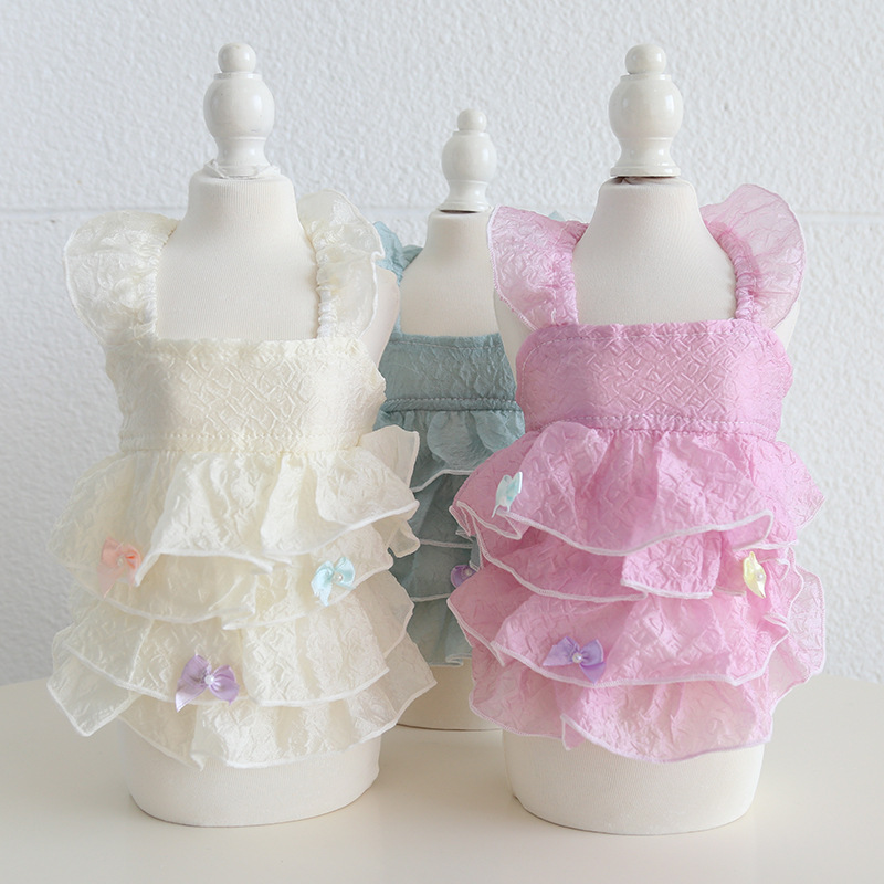 Pet Pearl Dress Butterfly Bow Lace Trim
