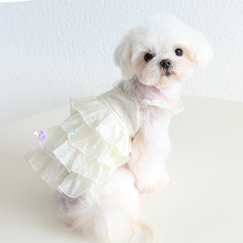 Pet Pearl Dress Butterfly Bow Lace Trim