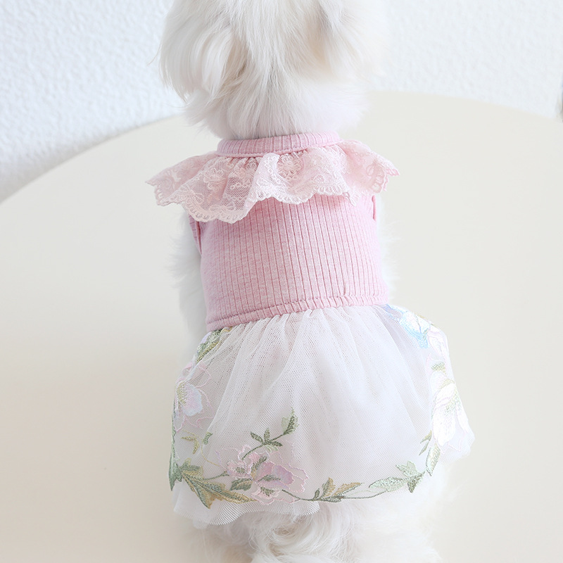 Pet Knit Top Floral Skirt Lace Collar
