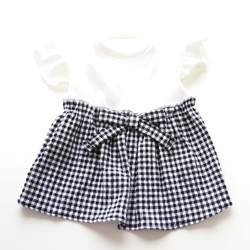 Pet Checkered Skirt Flutter Sleeve Knit Top