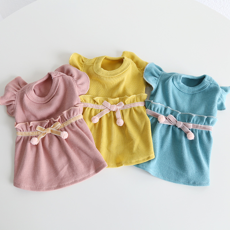 Pet Knit Dress Cherry Print Ribbon Ball