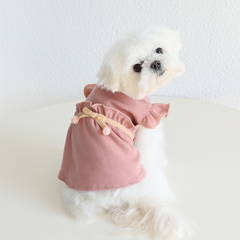 Pet Knit Dress Cherry Print Ribbon Ball