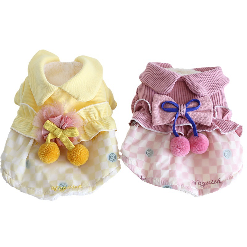 Pet Plaid Dress Bowknot Ball Fringe Collar