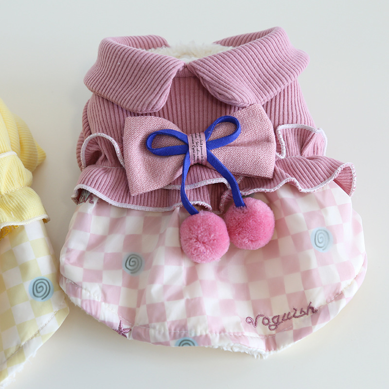 Pet Plaid Dress Bowknot Ball Fringe Collar