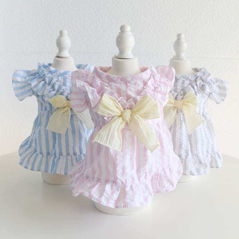 Pet Striped Dress Bow Detail Flounce Hem