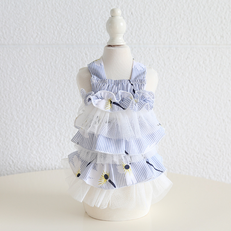 Pet Tiered Dress Floral Print Mesh Layer