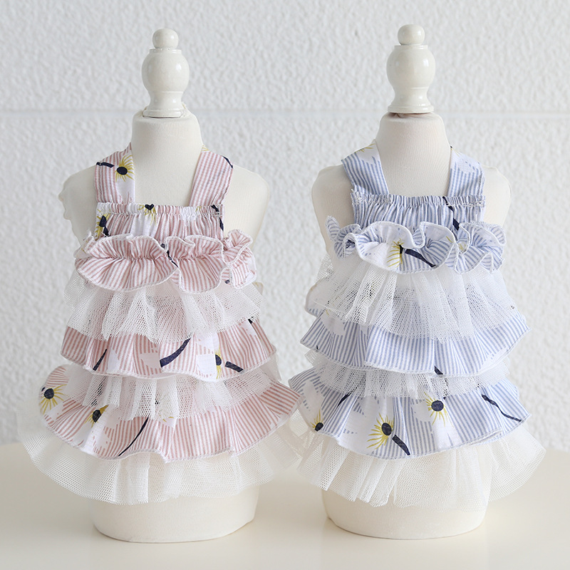Pet Tiered Dress Floral Print Mesh Layer