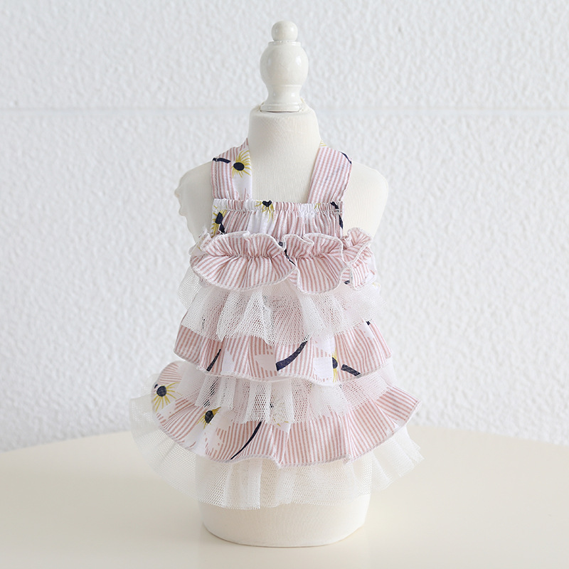 Pet Tiered Dress Floral Print Mesh Layer